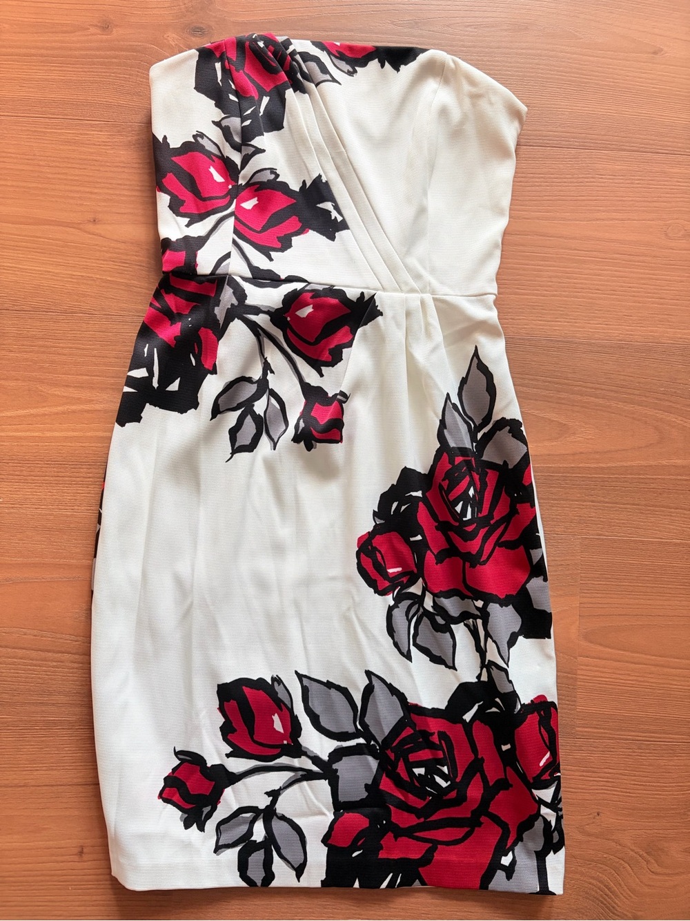 Le Chateau Strapless White Dress with Red Rose Print